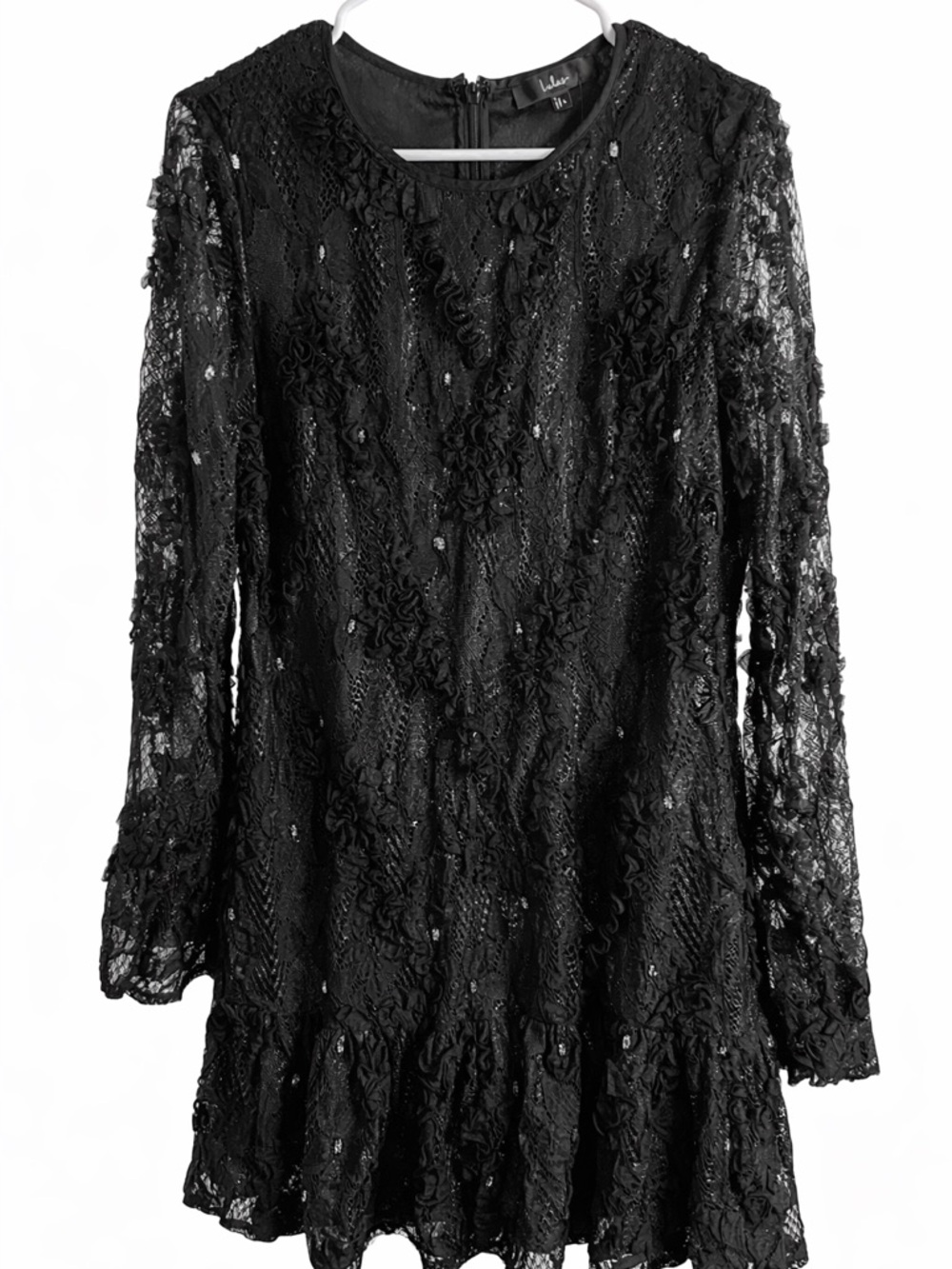 Lulus Black Lace Dress Large NWT Long Sleeve Ruffle Sheer Cocktail Party